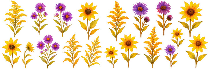 Colorful floral collection featuring yellow sunflowers and purple asters on a dark background.