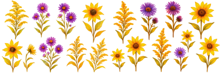 Colorful floral collection featuring yellow sunflowers and purple asters on a dark background.