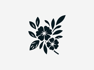 A beautiful black floral motif with two stylized flowers, leaves, and intricate swirling details on a white background