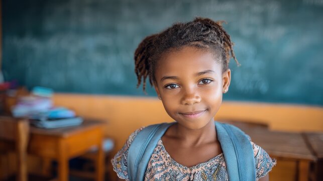 african young girl with blue backpack looking at camera pretty and satisfied black schoolgirl with rucksack smiling in class portrait of beautiful school girl standing in classroom no logos no brands
