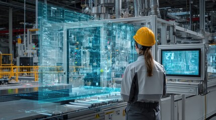 Industry 5.0 smart facility with woman controlling automated machinery, project engineer reviewing system efficiency on nearby screen