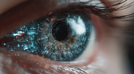 Human eye blinking with holographic lens showing cybernetic diagrams and data flow, symbol of intelligent online AI connection