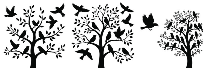 Silhouetted Birds Flying Perched in Trees with Leaves Nature Scene, Decorative Design Elements