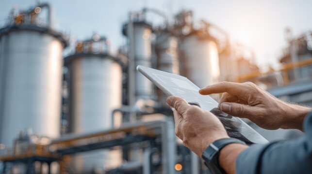 Industrial manager hands using digital tablet to adjust process parameters remotely, background filled with chemical storage tanks and pipelines