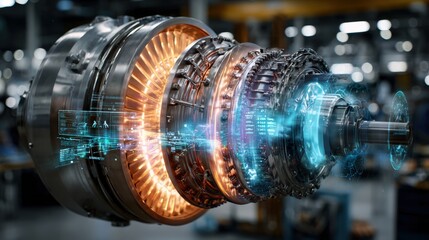 Futuristic turbine engine prototype blending metallic components with digital holographic overlays, representing real-time digital twin data in high-tech engineering lab