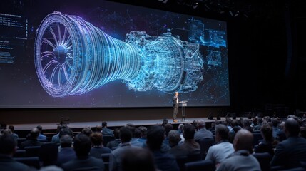 Futuristic engineering conference where speaker presents digital twin overlay of turbine system, audience viewing live telemetry and structural data