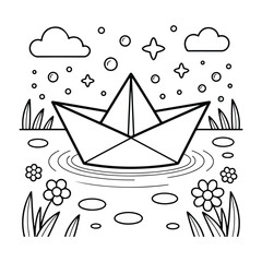 Floating Paper Boat on Water – Relaxing Coloring Page for All Ages, Cute & Cozy Coloring Book for Relaxation and Creativity