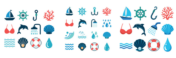 Summer Vacation Flat Icons Sailboat, Coral, Dolphin, Bikini, Shower, Seashell, Lifebuoy, Raindrops, and Water Waves