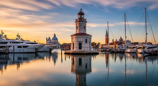Stunning panoramic view of Venice lagoon at sunset with majestic lighthouse structure