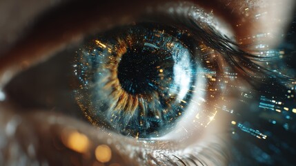 Extreme close-up of human eye with glowing holographic interface reflecting futuristic data streams, cyberspace elements and AI connections