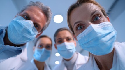 group of doctors with face masks looking at camera corona virus concept no logos no brands ar 169