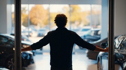 man holding a door open in a car dealership no logos no brands ar 169