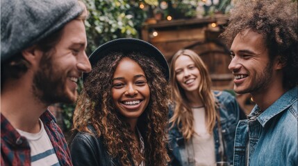 Fototapeta premium happy group of friends talking and having fun outdoors no logos no brands ar 169
