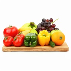 Assorted fresh fruits and vegetables on a wooden cutting board