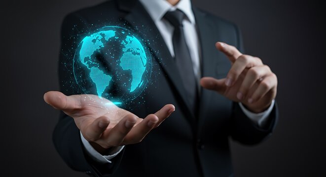 A person in a suit holds a holographic projection of the world.