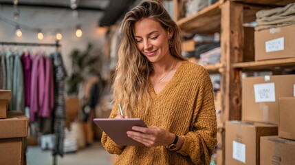 Entrepreneur woman checking clothing stock with digital tablet and paper checklist, surrounded by labeled boxes in trendy retail store