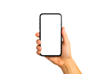 Hand holding a smartphone with a blank screen isolated on transparent background