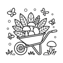Fototapeta premium Wheelbarrow Full of Flowers – Fun Garden Coloring Page for All Ages, Easy, line art vector illustration, Coloring Pages for Kids & Adults