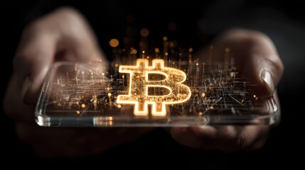 business cryptocurrency and future technology concept  close up of businessman with transparent smartphone and virtual ethereum symbol hologram over space background no logos no brands ar 169