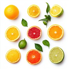 Colorful citrus fruit slices and whole fruits arranged on a white background with vibrant color variations