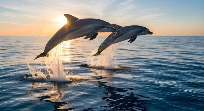 Two beautiful dolphins jumping synchronously from the ocean at sunset.
