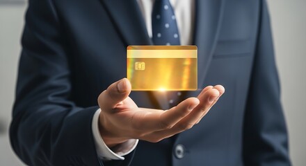 Gold credit card held in hand.