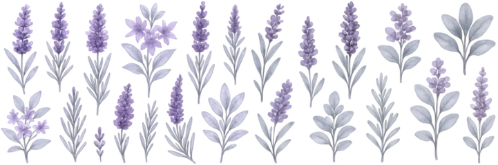 Colorful lavender and floral illustrations in soft purple tones, perfect for design projects.