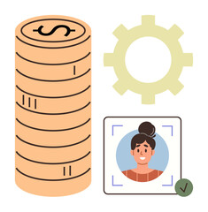Stack of coins, gear symbolizing process, validated user profile portrait with checkmark. Ideal for finance, workflow, economy, identification, business, technology secure transactions simple flat