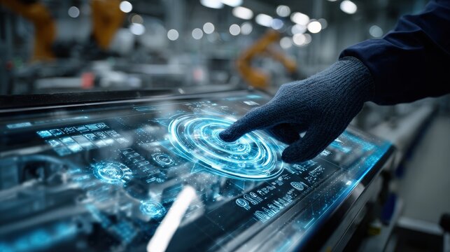 Close-up of technician's hand touching holographic control panel to initiate autonomous robotic workflow on automotive production line, digital data streaming in air - Powered by Adobe