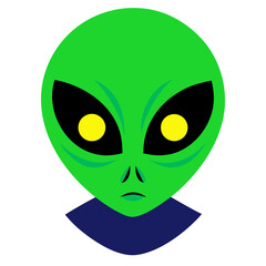 A stylized illustration of a green alien head with large black eyes and yellow pupils against a black background
