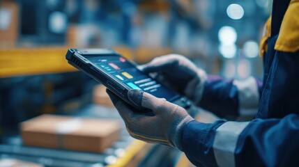 Close-up of gloved hands holding scanner and tablet in a distribution center, uniform sleeve and barcode interface in frame