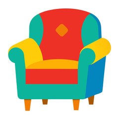 A colorful armchair with red yellow blue and teal upholstery featuring a diamond pattern on the backrest