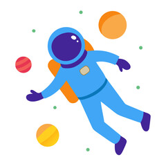 A cheerful cartoon astronaut floats in outer space surrounded by planets and stars in a vibrant flat design