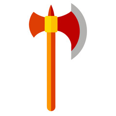 Stylized flat design double bitted battle axe with red and orange hues on a black background