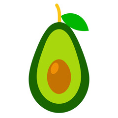 A stylized illustration of a ripe avocado cut in half revealing its pit and creamy green flesh with a stem and leaf against a black background