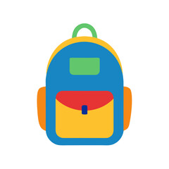 A colorful and simple flat design illustration of a backpack with a green handle blue body orange sides and a yellow front pocket with a red flap and blue closure