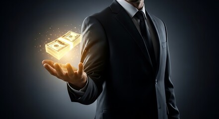 A hand holds a glowing stack of money.