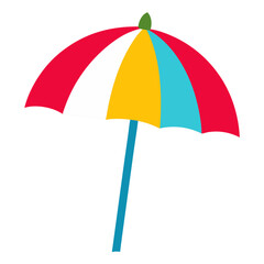 Colorful beach umbrella with red white yellow and blue panels on a black background for summer vacation and outdoor activities