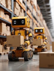 Fototapeta premium autonomous robots moving boxes in warehouse