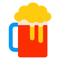 A stylized illustration of a frothy beer mug with a blue handle and red body perfect for celebratory occasions