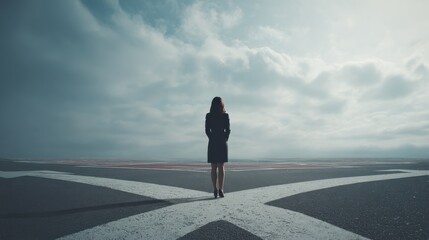 back view of businesswoman standing on crossroads and making choice no logos no brands ar 169