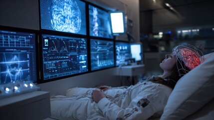 A sleep technician monitoring patient brain wave activity with screens and electrodes in a clinical sleep lab, ultra-realistic