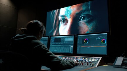 A color grader adjusting cinematic tones on a large screen monitor in a dark editing room, ultra-realistic