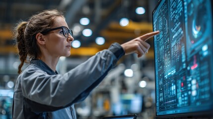Advanced manufacturing plant with female technician managing production software, project engineer pointing at key performance indicators on digital panel