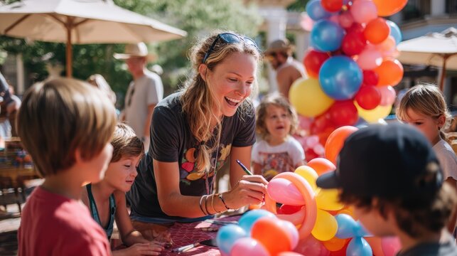 A balloon artist twisting colorful shapes for children at a joyful party, kids laughing nearby, ultra-realistic