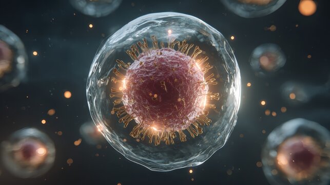 3D macro view of virus structure surrounded by translucent lipid envelope, glowing molecular particles drifting in surrounding space - Powered by Adobe