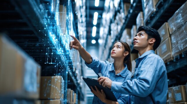 Asian male technician and Latina female worker reviewing real-time shipment status on holographic display, smart shelving system organizing inventory automatically