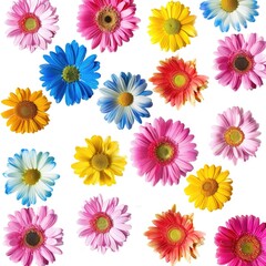 Vibrant, colorful daisies scattered on white