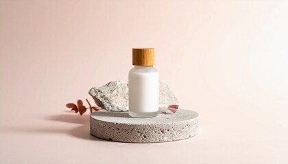 Elegant White Cosmetic Product Bottle Mockup on Stone Pedestal with Minimalist Pink Background