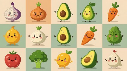 Collection of cute cartoon vegetables and fruits with happy faces